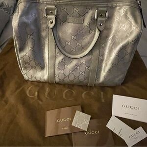 Gucci Metallic Silver Tote with Logo Pattern